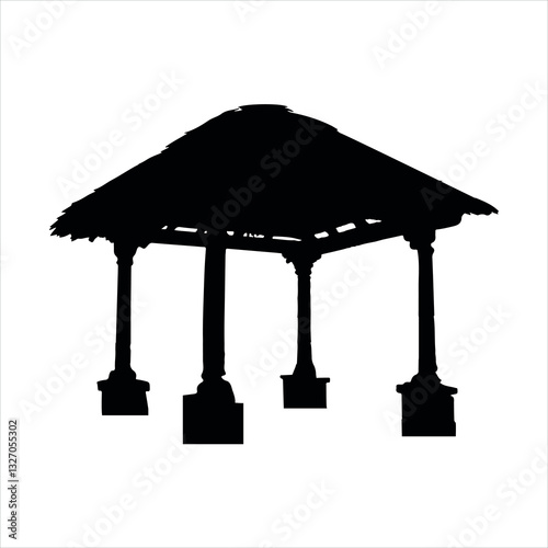 Silhouette of a gazebo with a thatched roof.
