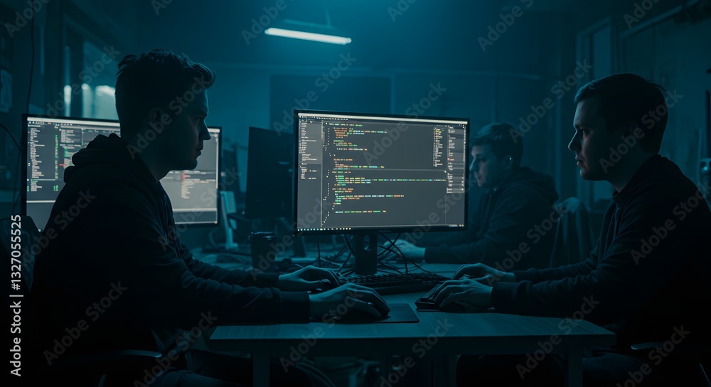 Nighttime software development session: Focused coders in a dimly lit workspace Nighttime software development session: Focused coders in a dimly lit workspace