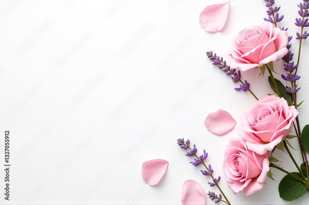 A gentle arrangement showcases vibrant pink roses and sprigs of lavender, complemented by scattered rose petals, evoking a tranquil, romantic ambiance perfect for celebrations A gentle arrangement showcases vibrant pink roses and sprigs of lavender, complemented by scattered rose petals, evoking a tranquil, romantic ambiance perfect for celebrations