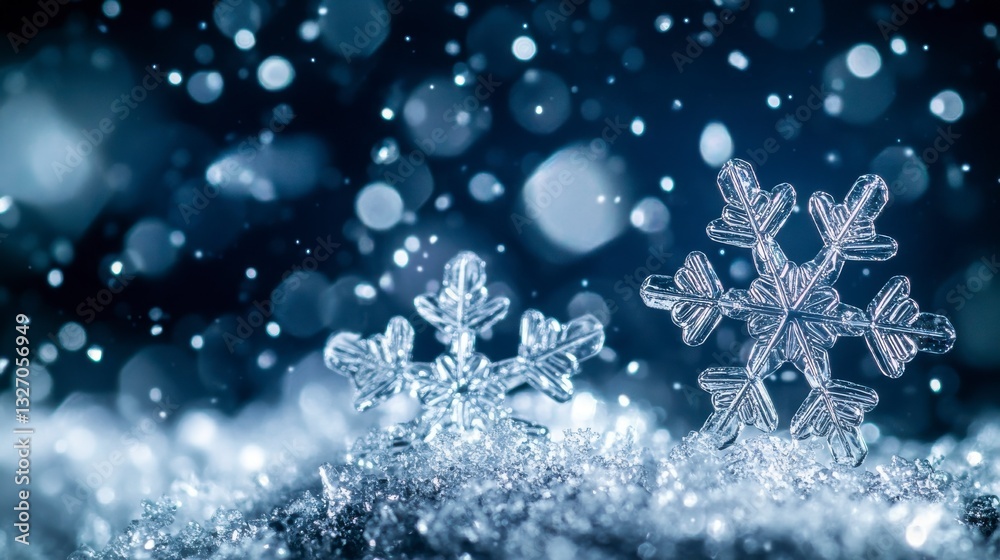 Detailed Snowflakes on Snowy Surface with Bokeh Background Detailed Snowflakes on Snowy Surface with Bokeh Background