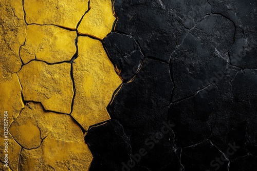 Yellow and black paint peeling off a wall surface, showing layers of old coatings
