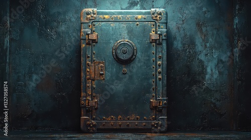 Rusty Old Metal Safe Box with Combination Lock, Vintage Security Vault, Industrial Grunge Background, Dark Teal and Brown Color Scheme, Steampunk Aesthetic, Retro Security Concept