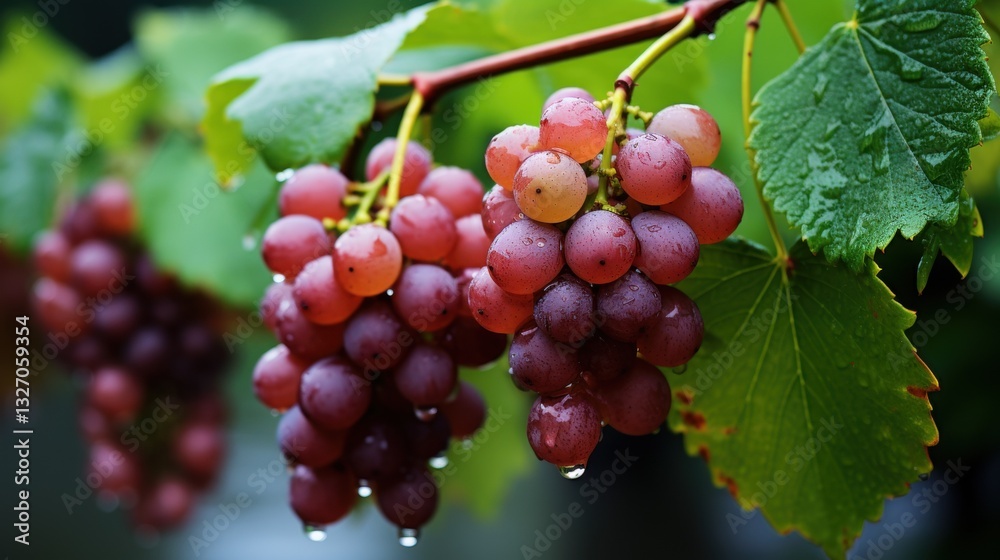 Fresh red grapes on vine after rain: vibrant summer harvest at vineyard Fresh red grapes on vine after rain: vibrant summer harvest at vineyard