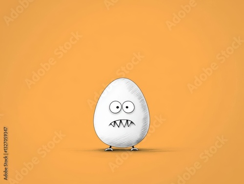 Handdrawn egg monster with silly, sharp teeth and a lopsided grin, playful horror parody