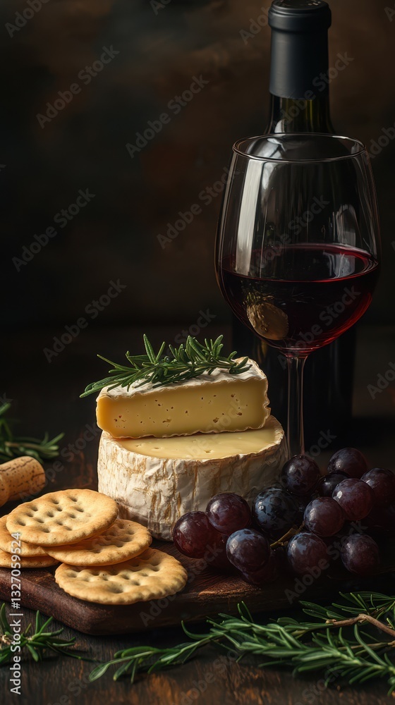 Naklejka premium Enjoying a delightful cheese and wine pairing with crackers and fresh grapes on a rustic wooden board