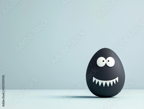 Handdrawn egg monster with silly, sharp teeth and a lopsided grin, playful horror parody