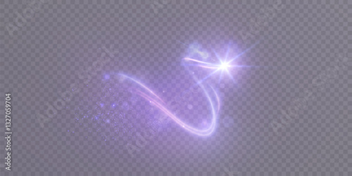 Bright PurpleTwirl. Curved purple line light effect, with shimmering glitter of bright star. Vector illustration