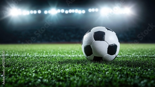 A soccer ball on a wet field under stadium lights at night.