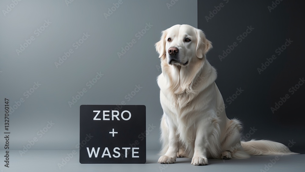 A golden retriever sitting next to a sign that reads 'Zero + Waste' on a gray backdrop, symbolizing sustainability A golden retriever sitting next to a sign that reads 'Zero + Waste' on a gray backdrop, symbolizing sustainability