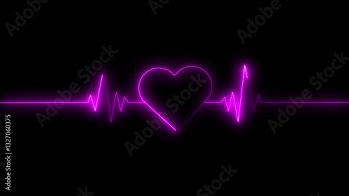 Neon love heart with heart beat line animation on black background