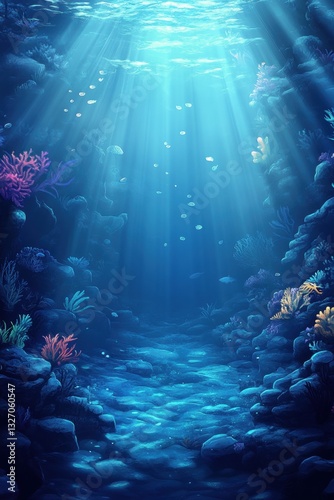 Enchanting underwater scene with sun rays illuminating coral reefs and marine life in a serene blue ocean depth