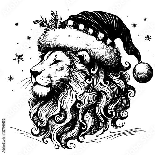 A lion resting under mistletoe with a snowy Line art drawing of lion chrismas ink sketch vector hand drawn illustration background