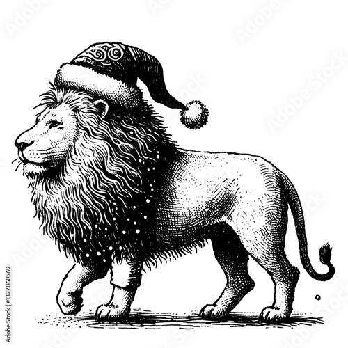 Roaring Holiday Cheer Line art drawing of lion chrismas ink sketch vector hand drawn illustration background