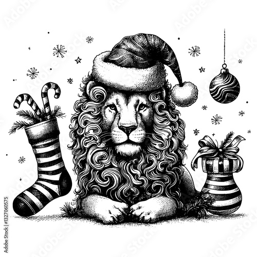 King of the Jungle Celebrates Christmas Line art drawing of lion chrismas ink sketch vector hand drawn illustration background