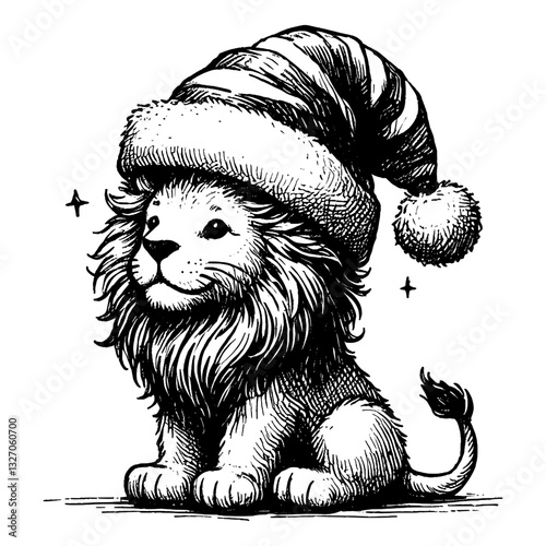 Golden Mane, Golden Christmas Line art drawing of lion chrismas ink sketch vector hand drawn illustration background