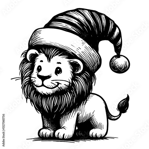 Majestic Lion with Christmas Ornaments Line art drawing of lion chrismas ink sketch vector hand drawn illustration background