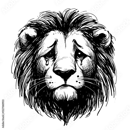 The Lion's Lament Line art drawing of lion cry sadness ink sketch vector hand drawn illustration background