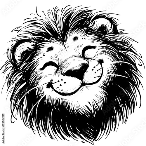 A lion with a relaxed posture line art drawing of lion happy smile joy ink sketch vector hand drawn illustration background
