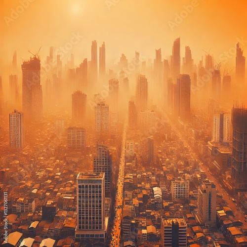 City covered with dust The city looks with orange color because