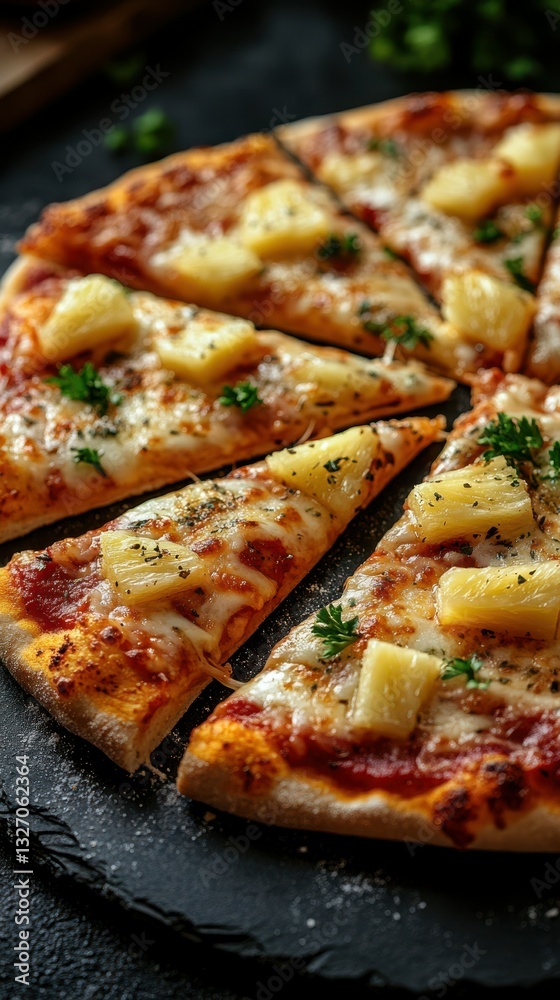 Enjoying a delicious slice of pizza topped with pineapple and herbs on a black stone serving board Enjoying a delicious slice of pizza topped with pineapple and herbs on a black stone serving board