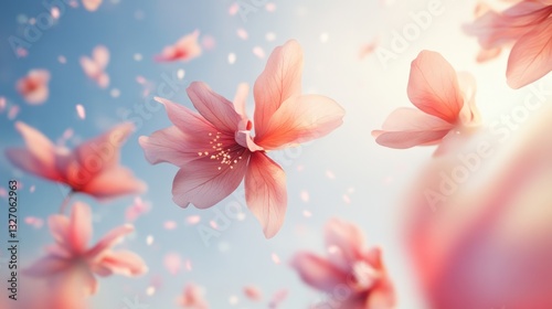 Flower petals floating in the air on a blurred background, spring concept, creating vibrant scene.
