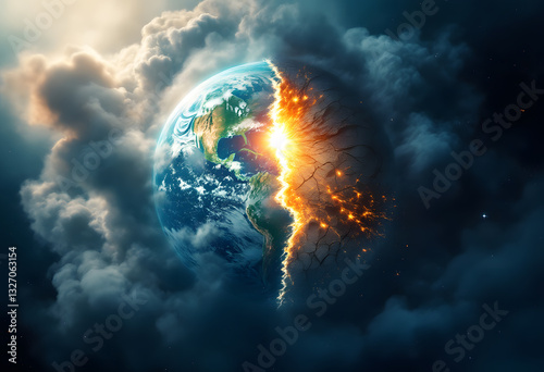 Fototapeta Naklejka Na Ścianę i Meble -  A planet divided: A fiery crack splits the Earth in two, revealing a dramatic contrast of light and darkness, clouds and fire.