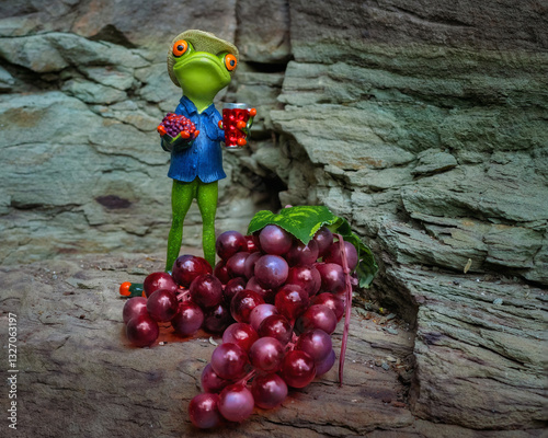 Vintner frog with red grapes