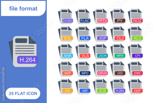 File Format, File extension, document type, doucment extension Flat Icon Set, Collection of 25 File Format, File extension, document type, doucment extension Flat Icon Set – 25 PDF, DOC, and Media
