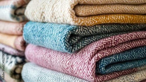 Colorful folded blankets stacked in store