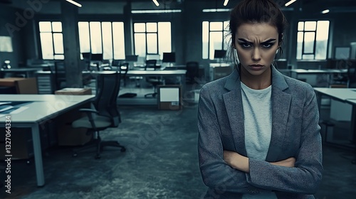Angry woman crossed arms in office space frustration