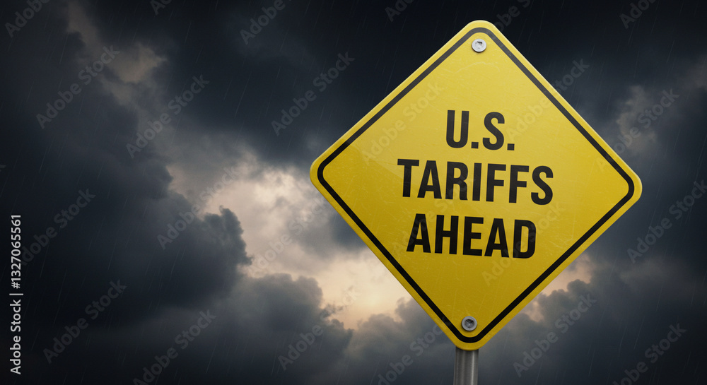 U.S. Tariffs Ahead Warning Sign Against a Dramatic Sky at Sunset Representing Economic Uncertainty U.S. Tariffs Ahead Warning Sign Against a Dramatic Sky at Sunset Representing Economic Uncertainty