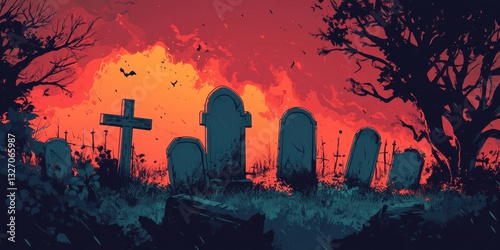 A spooky cemetery scene featuring several prominent tombstones at twilight photo