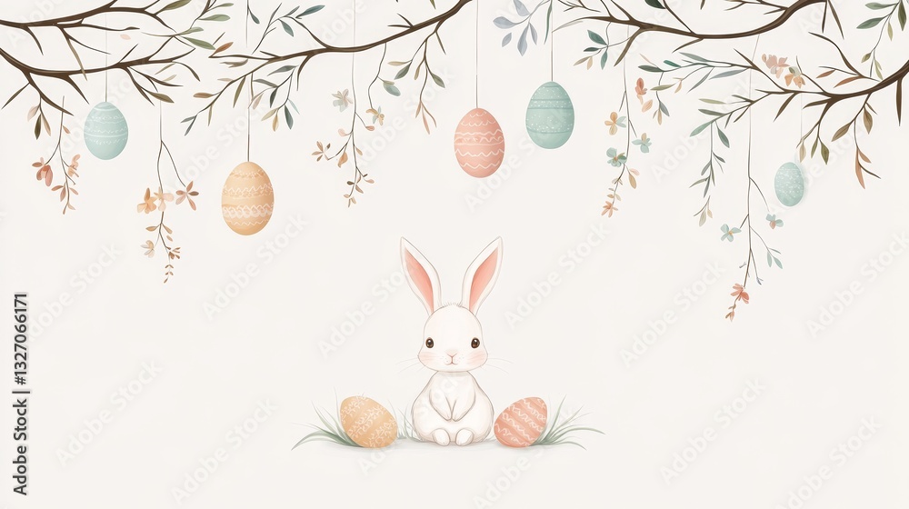 Obraz premium Easter festival with bunny and colorful eggs spring garden digital art cheerful atmosphere whimsical viewpoint