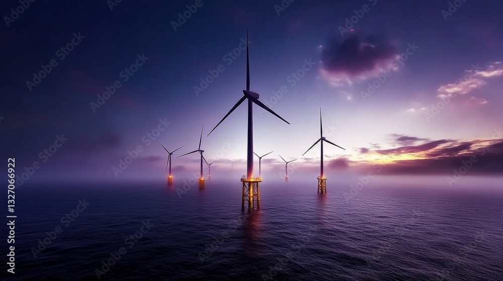 Obraz premium Offshore wind turbines silhouetted against a moody sunset sky
