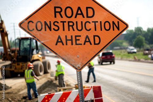 Road construction sign indicating ongoing work, with workers and machinery in the background, signaling caution to drivers.