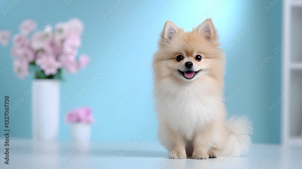Obraz premium Fluffy Pomeranian Puppy Sitting on Light Blue Background