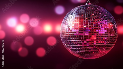 Pink disco ball hangs, blurred lights, party backdrop