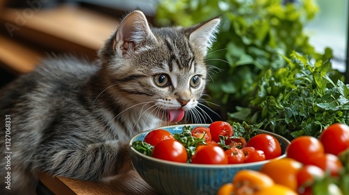 Kitten Eats Tomatoes Kitchen Window