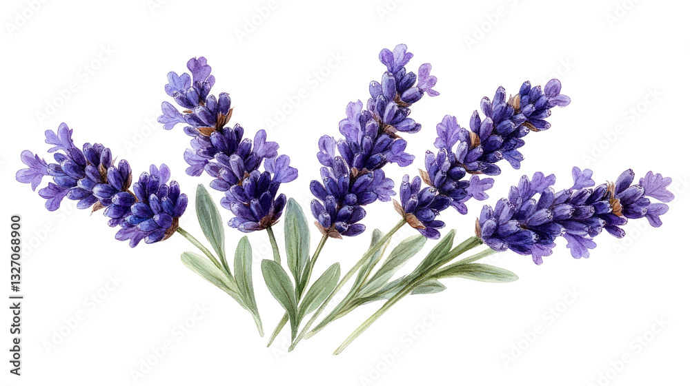 Naklejka premium Lavender's Botanical Embrace: Exquisite close-up of lavender sprigs, showcasing their vibrant purple blooms and delicate green leaves, an ode to serenity.
