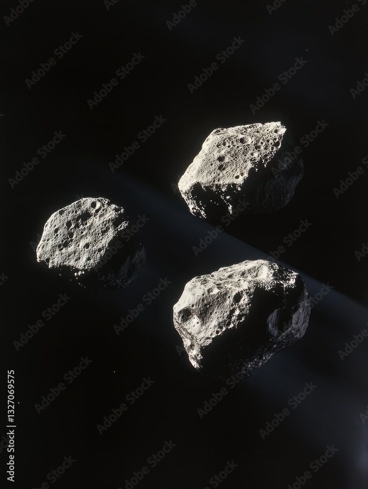 Naklejka premium Three dimensional rendering of asteroids floating in the vast expanse of space with dramatic lighting