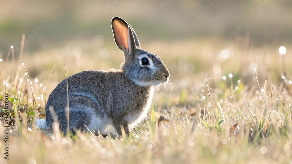 Fototapeta premium Alert grey-brown Easter bunny nestled in lush grass, displaying a cautious crouching posture. Captivating natural spring holiday scene, ideal for conveying the spirit of Easter and the serene beauty o