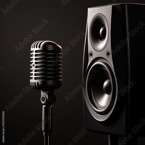 Micrófono y altavoz vintage con un fondo negro