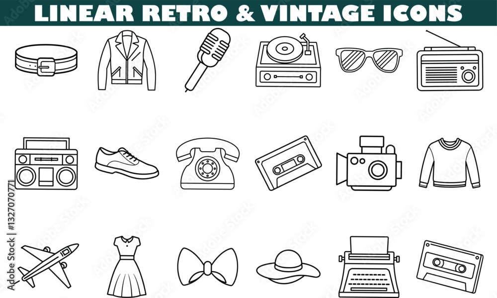 Fototapeta premium Linear Retro Vintage Icons Fashion, Music, and Technology