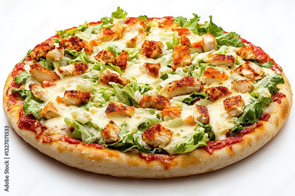 Mouthwatering chicken caesar pizza on white background captures restaurant style gourmet cuisine from a high angle view Mouthwatering chicken caesar pizza on white background captures restaurant style gourmet cuisine from a high angle view