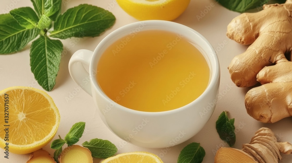 Soothing ginger tea with lemon and fresh mint leaves Soothing ginger tea with lemon and fresh mint leaves