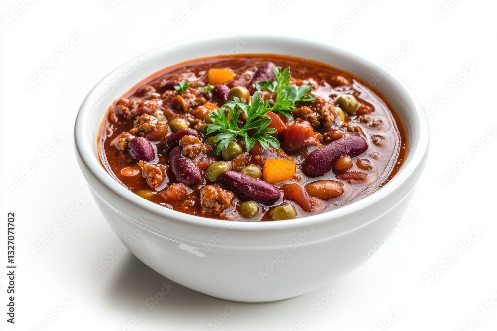 Hearty chili with beans and ground beef served in white bowl against bright white background close up Hearty chili with beans and ground beef served in white bowl against bright white background close up