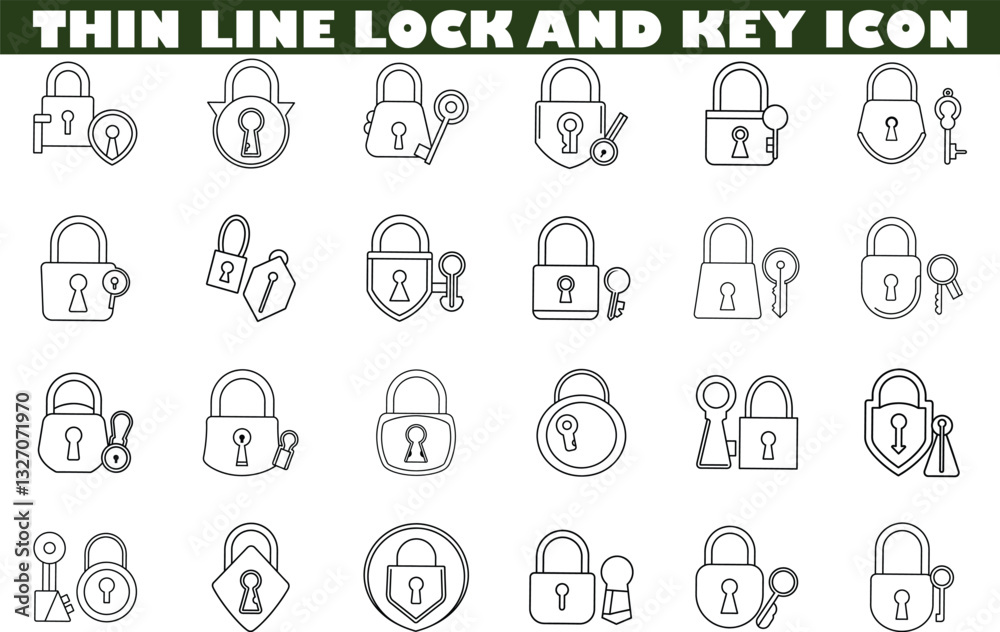 Obraz premium Thin Line Lock and Key Icons Security, Access, Protection, Symbols