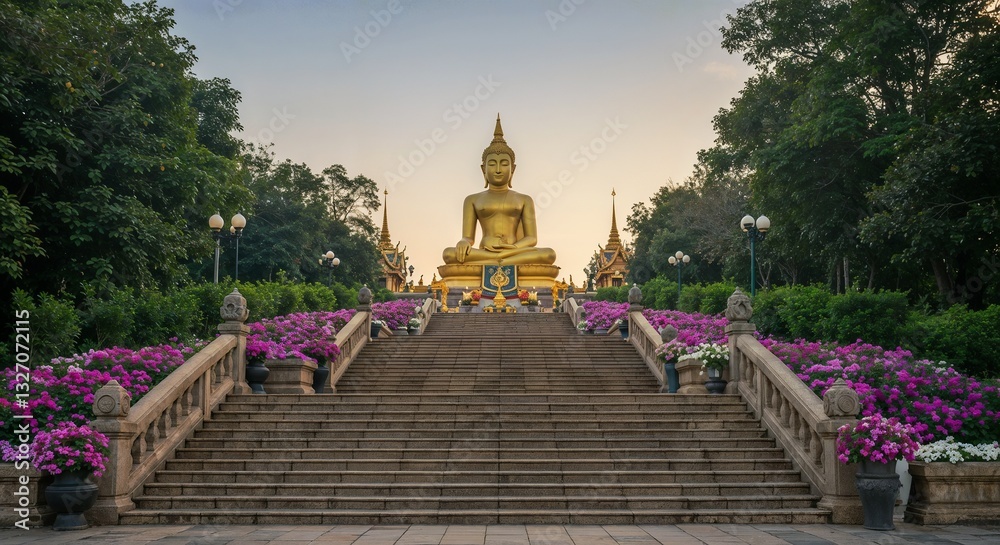 Fototapeta premium Majestic Buddha statue sitting on a staircase surrounded by vibrant flowers during Buddha's Birthday 