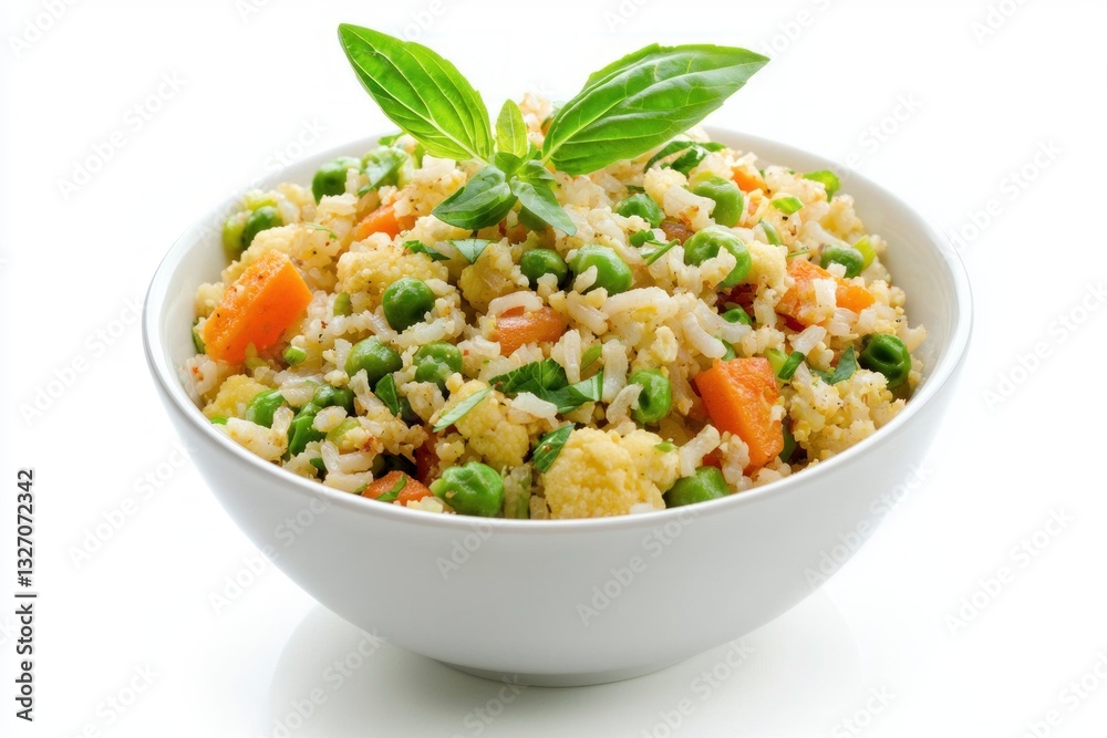 Rice with vegetables in a white bowl vegetarian dish with peas carrots and cauliflower close up Rice with vegetables in a white bowl vegetarian dish with peas carrots and cauliflower close up
