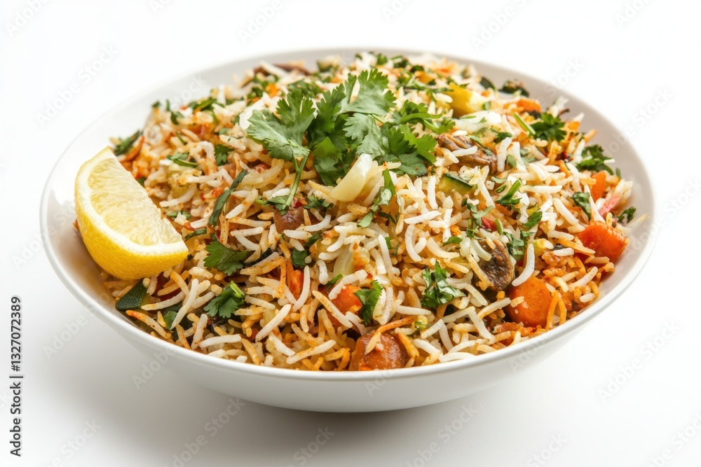 Elegant plate of rice vermicelli with fresh cilantro and lemon garnish on white background, vibrant hues and appetizing presentation Elegant plate of rice vermicelli with fresh cilantro and lemon garnish on white background, vibrant hues and appetizing presentation